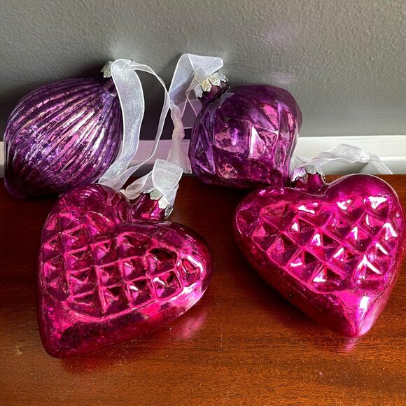 Set of 4 Purple & Pink Heart Teardrop Mottled Glass 4" Christmas Ornaments - Picture 1 of 4